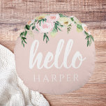 Modern Pastel Roze Bloemen Hallo en u noemt Rond Kussen<br><div class="desc">Modern Pastel Roze Bloemen Hallo en u noemt</div>