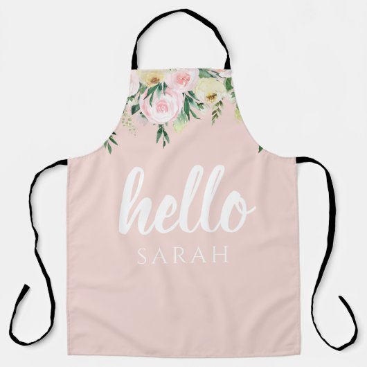 Modern Pastel Roze Bloemen Hallo en u noemt Schort (Voorkant)