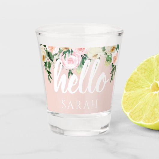 Modern Pastel Roze Bloemen Hallo en u noemt Shot Glas (Voorkant)