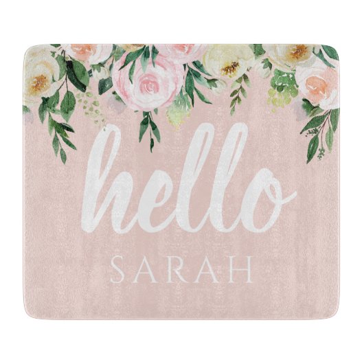 Modern Pastel Roze Bloemen Hallo en u noemt Snijplank (Voorkant)