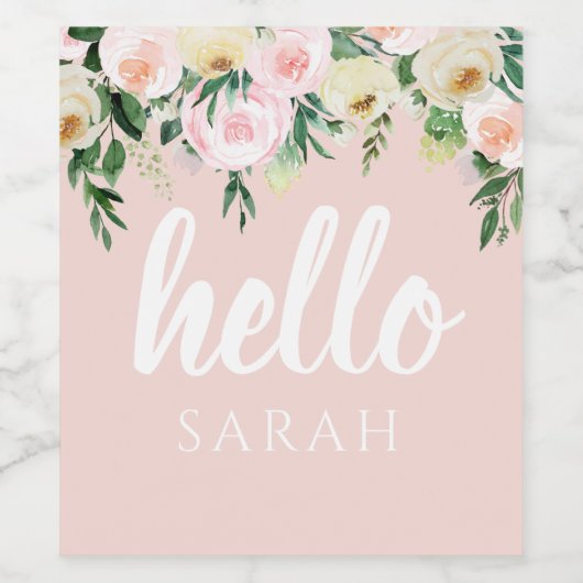 Modern Pastel Roze Bloemen Hallo en u noemt Wijn Etiket (Enkel label)