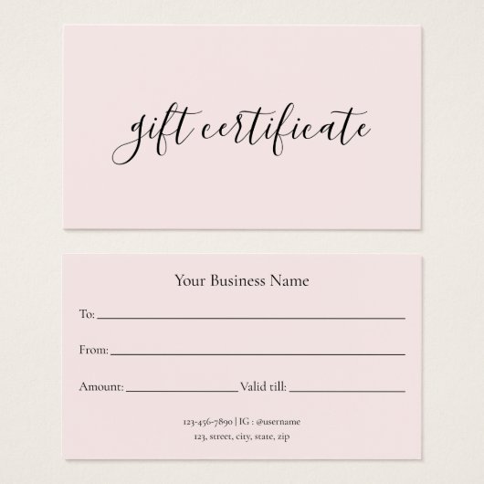 Modern pastel roze relatiegeschenk certificaat visitekaartje (Voorkant /achterkant)