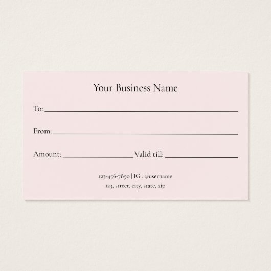 Modern pastel roze relatiegeschenk certificaat visitekaartje (Achterkant)