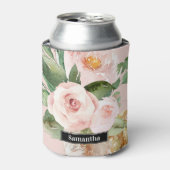Modern Pastel Roze Waterverf Flowers & Name Blikjeskoeler (Blikje Voorkant)