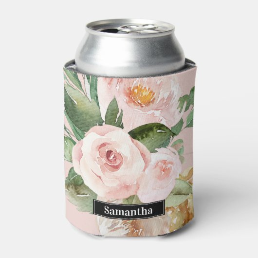 Modern Pastel Roze Waterverf Flowers & Name Blikjeskoeler (Blikje Voorkant)