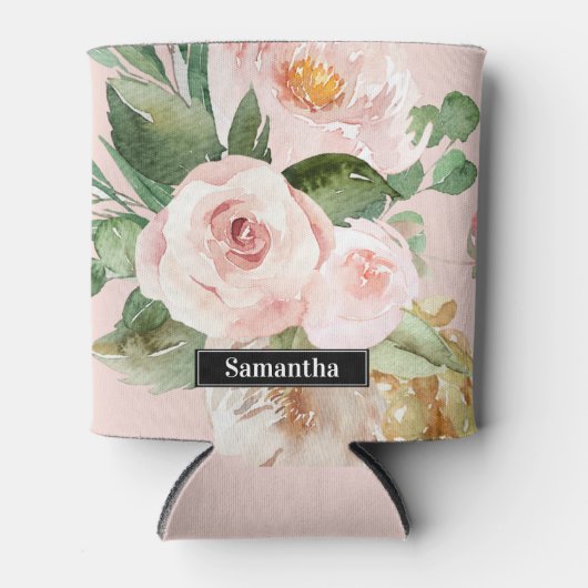 Modern Pastel Roze Waterverf Flowers & Name Blikjeskoeler (Voorkant)