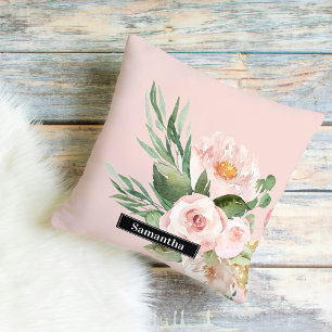 Modern Pastel Roze Waterverf Flowers & Name Buitenkussen