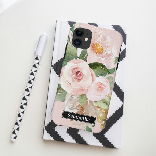 Modern Pastel Roze Waterverf Flowers & Name Case-Mate iPhone Case
