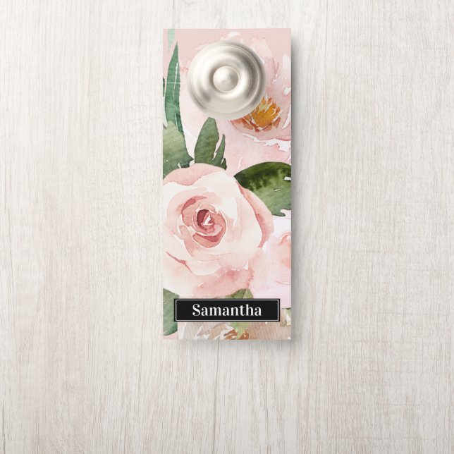 Modern Pastel Roze Waterverf Flowers & Name Deurhanger (Op knop)
