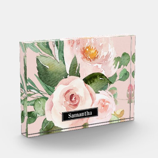 Modern Pastel Roze Waterverf Flowers & Name Fotoblokken (Links)