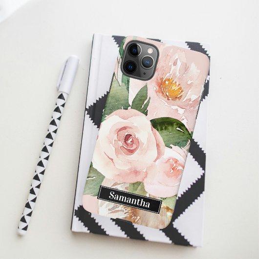 Modern Pastel Roze Waterverf Flowers & Name iPhone Hoesje