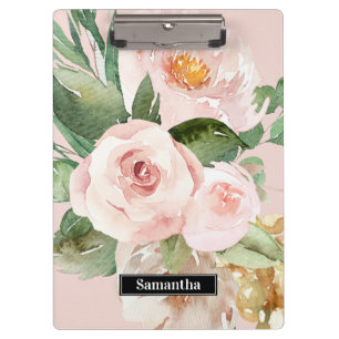 Modern Pastel Roze Waterverf Flowers & Name Klembord