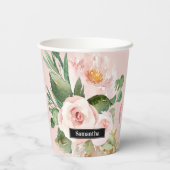 Modern Pastel Roze Waterverf Flowers & Name Papieren Bekers (Achterkant)