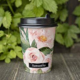 Modern Pastel Roze Waterverf Flowers & Name Papieren Bekers