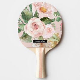 Modern Pastel Roze Waterverf Flowers & Name Tafeltennisbatje