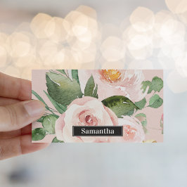 Modern Pastel Roze Waterverf Flowers & Name Visitekaartje