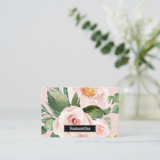 Modern Pastel Roze Waterverf Flowers & Name Visitekaartje (Staand voorkant)