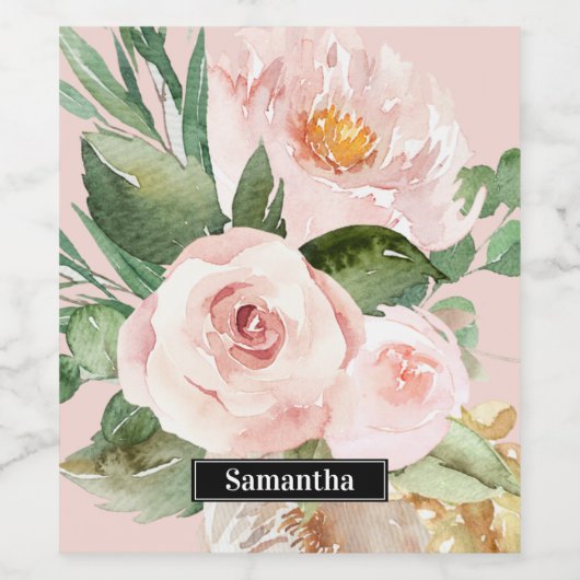 Modern Pastel Roze Waterverf Flowers & Name Wijn Etiket (Enkel label)