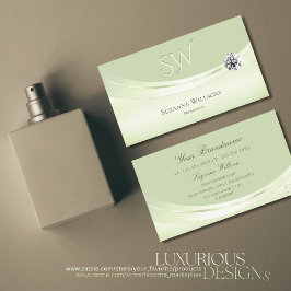 Modern Pastel Sage Green met Monogram en diamant Visitekaartje