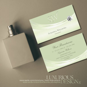 Modern Pastel Sage Green met Monogram en diamant Visitekaartje