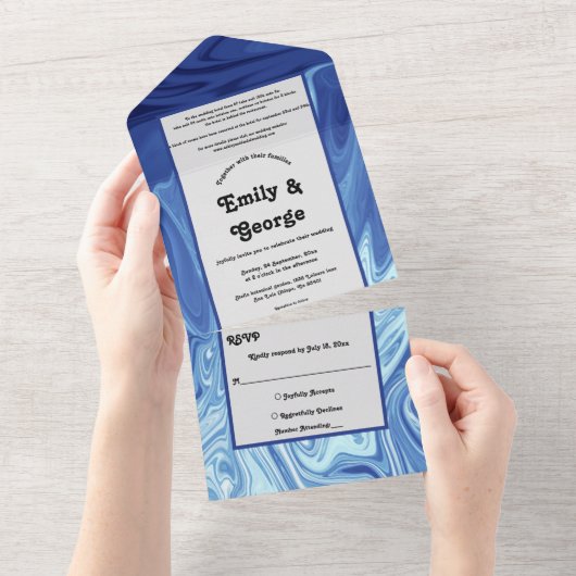 Modern pastel Shiny Blue Abstract artistiek huweli All In One Uitnodiging (Afscheurbaar)