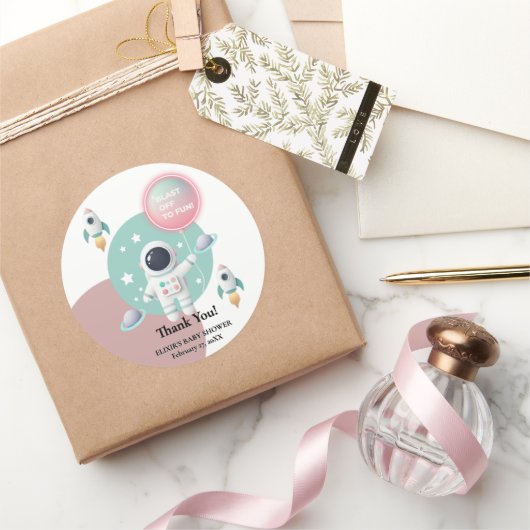 Modern Pastel Space Explorer Baby shower Ronde Sticker (Geschenken)