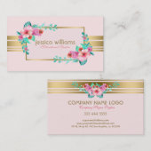 Modern, pastelroze, bloemen & goud accent visitekaartje (Voorkant / Achterkant)