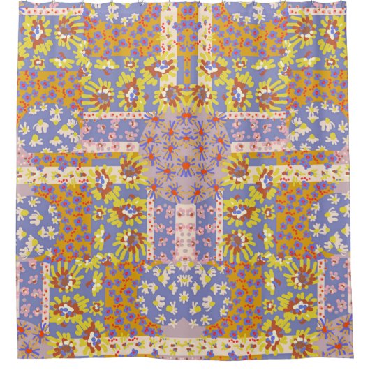 Modern Patchwork Daisy Flowers op Periwinkle Douchegordijn (Voorkant)