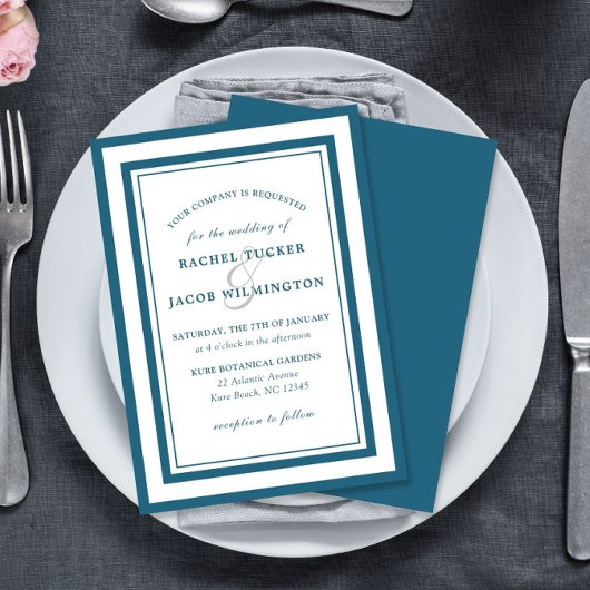 Modern Patina Blue & White Border Simple Wedding Kaart
