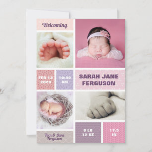 Modern Patroon Foto Collage Newborn Baby Girl Aankondiging
