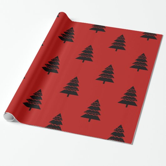 Modern patroon met zwarte en rode kerstbomen cadeaupapier (Uitgerold)