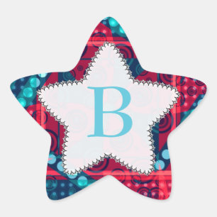 Modern Patroon Monogram Blauwe Rode Ster Sticker