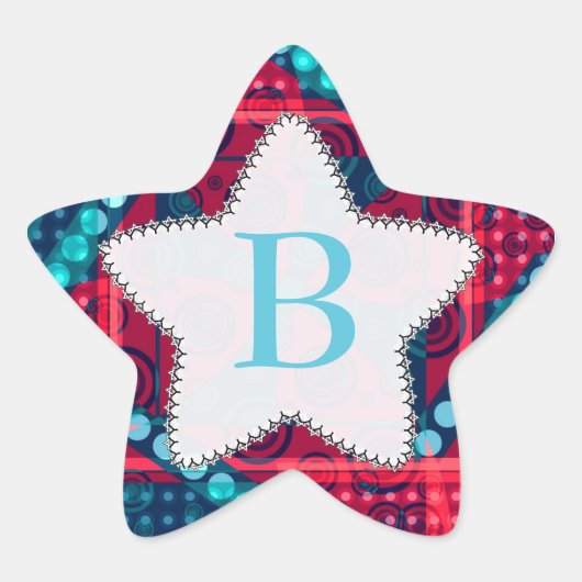 Modern Patroon Monogram Blauwe Rode Ster Sticker (Voorkant)