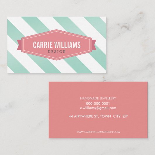 MODERN PATTERN striped koraal retro logo mint Visitekaartje (Voorkant / Achterkant)