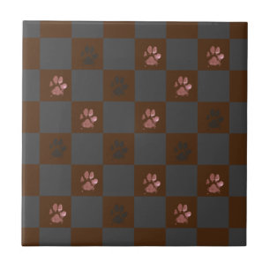 Modern Paw Prints Checkerboard Bourgogne Grijs   Tegeltje