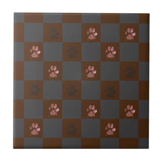Modern Paw Prints Checkerboard Bourgogne Grijs | Tegeltje (Voorkant)