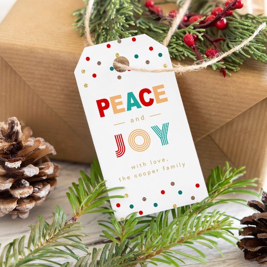 Modern Peace and Joy Kleurrijke Confetti Stippen Cadeaulabel