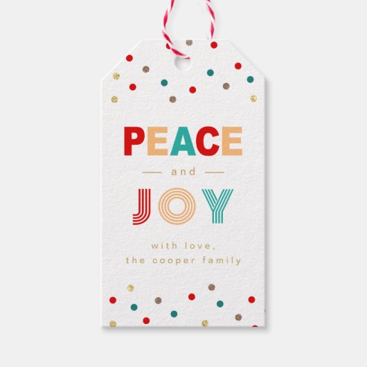 Modern Peace and Joy Kleurrijke Confetti Stippen Cadeaulabel (Voorkant)