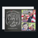 Modern Peace Love Joy Chalkboard Feestdagenkaart<br><div class="desc">Het hedendaagse kalkbord 3 fotokaart met kerstfeestdag met mooie handgeschreven typografie met het gezegde "wens je vrede en liefde met een handgetekende bladbloei.</div>