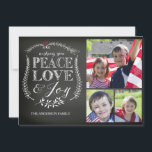 Modern Peace Love Joy Chalkboard Feestdagenkaart<br><div class="desc">Het hedendaagse kalkbord 3 fotokaart met kerstfeestdag met mooie handgeschreven typografie met het gezegde "wens je vrede en liefde met een handgetekende bladbloei.</div>