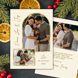 Modern Peace Love Joy Script Gold Arch 3 Photo  Feestdagenkaart