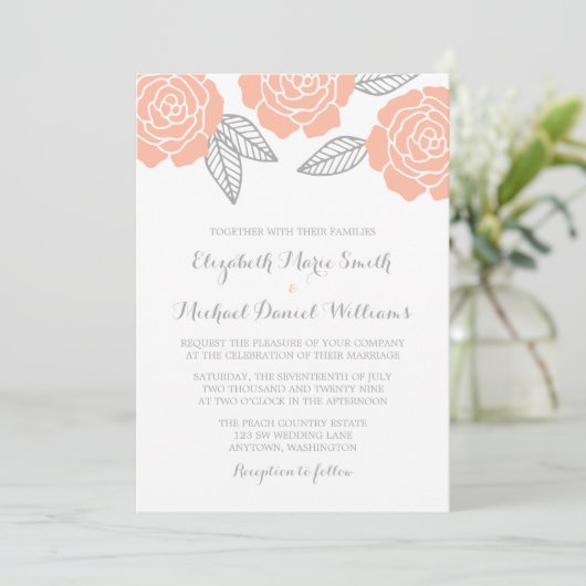 Modern Peach and Grey Roos Wedding Kaart (Staand voorkant)