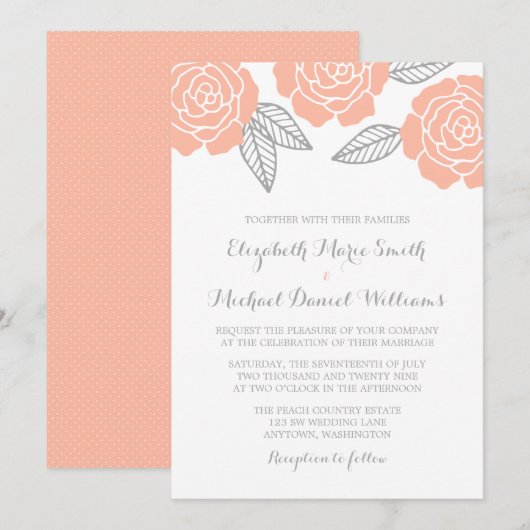Modern Peach and Grey Roos Wedding Kaart (Voorkant / Achterkant)