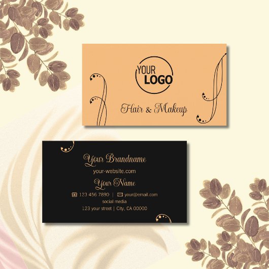 Modern Peach en Black Ornamental met Logo  Visitekaartje