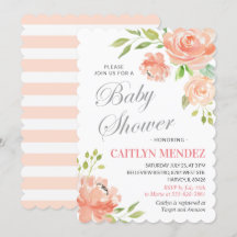 Modern Peach Floral Baby shower Girl Boy