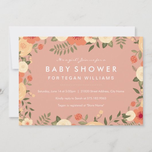 Modern Peach Floral Baby shower Invitation Kaart (Voorkant)
