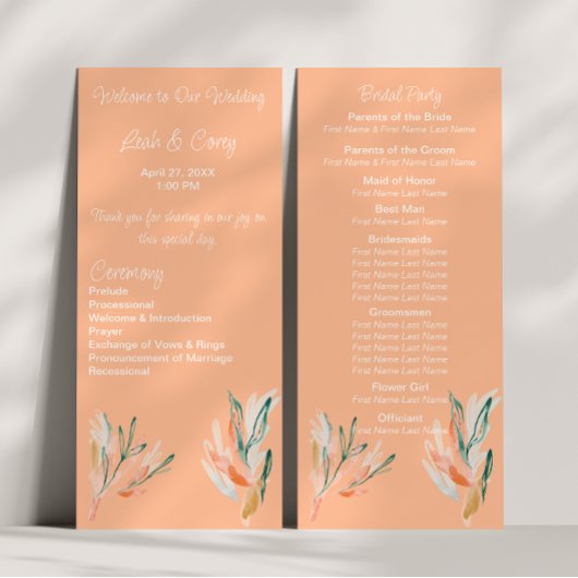 Modern Peach Floral Wedding Ceremony Programma Programmakaart