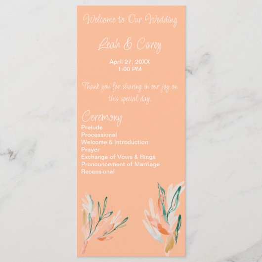 Modern Peach Floral Wedding Ceremony Programma Programmakaart (Voorkant)