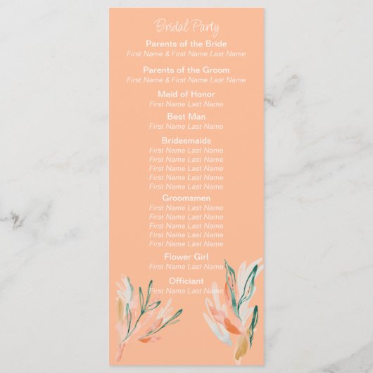 Modern Peach Floral Wedding Ceremony Programma Programmakaart (Achterkant)