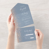 Modern Peach Glitter Dusty Blue Wedding All In One Uitnodiging (Afscheurbaar)